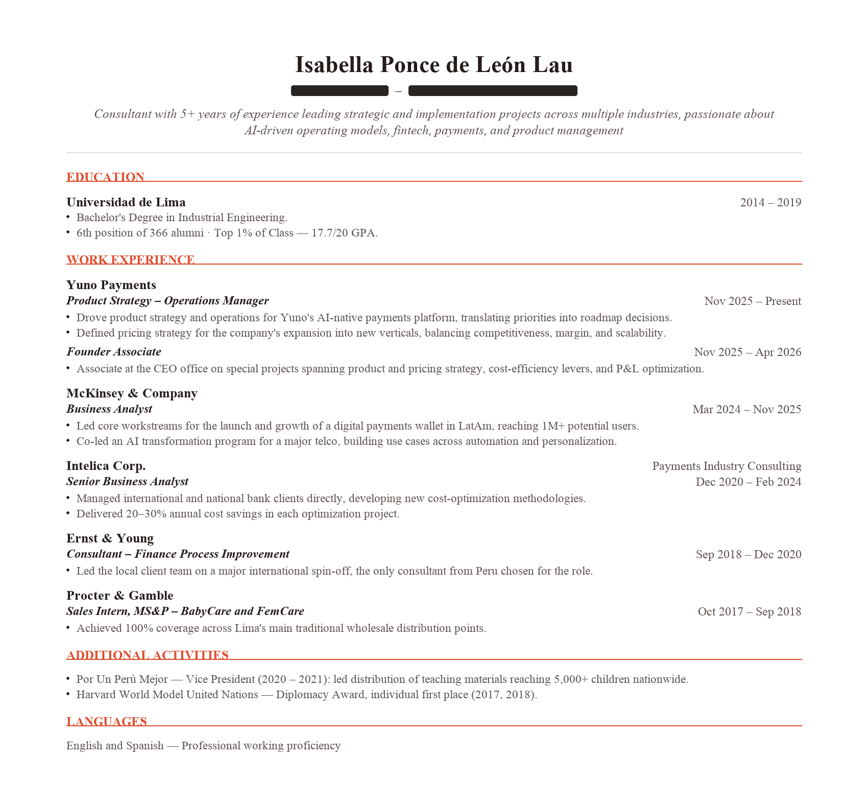 Así se ve un CV de consulting bien estructurado: un solo formato de fecha, bullets cuantificados, y jerarquía clara entre secciones. (Información de contacto oculta a propósito.)